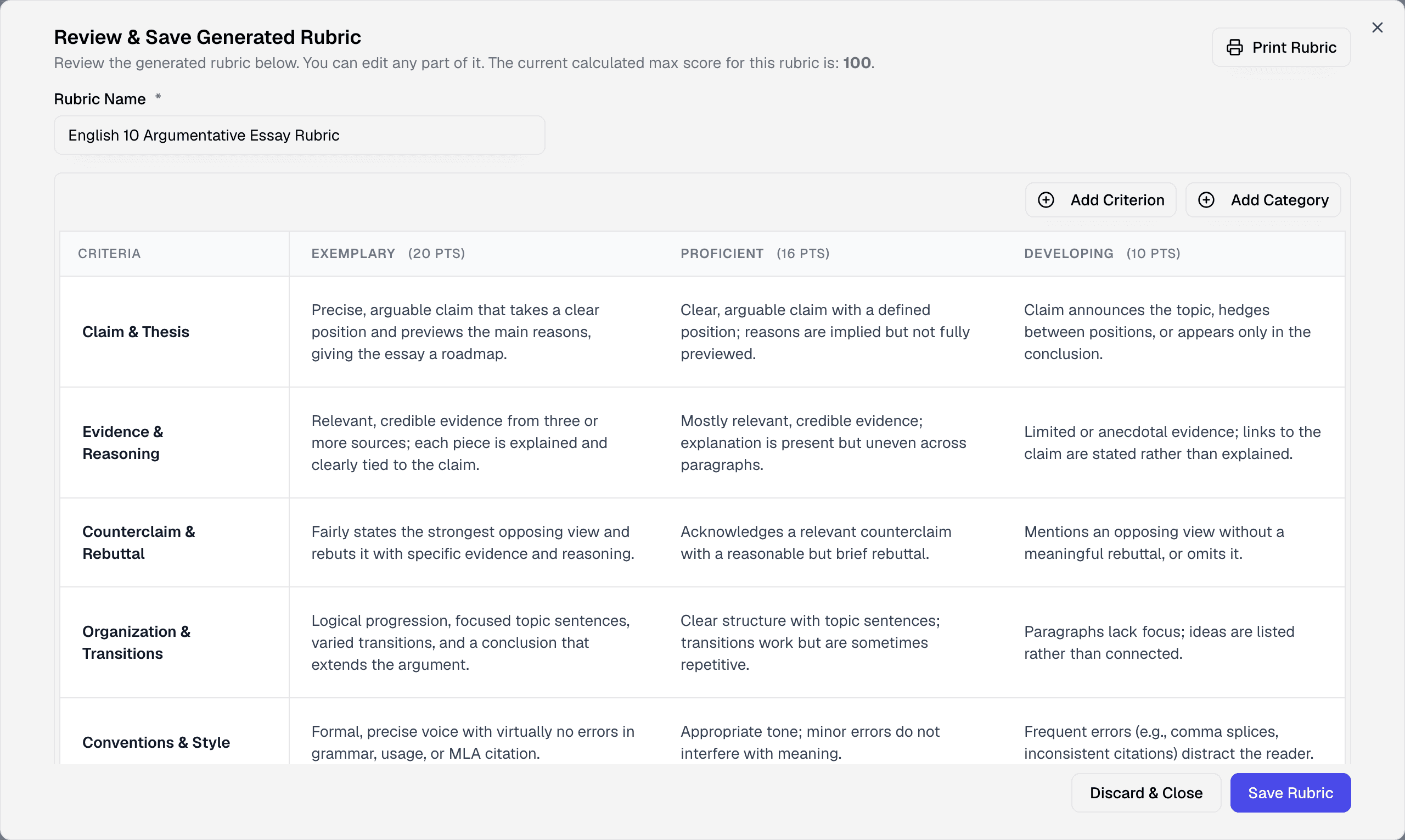 AI-generated English 10 argumentative essay rubric with five criteria and three scoring levels, ready to edit and save