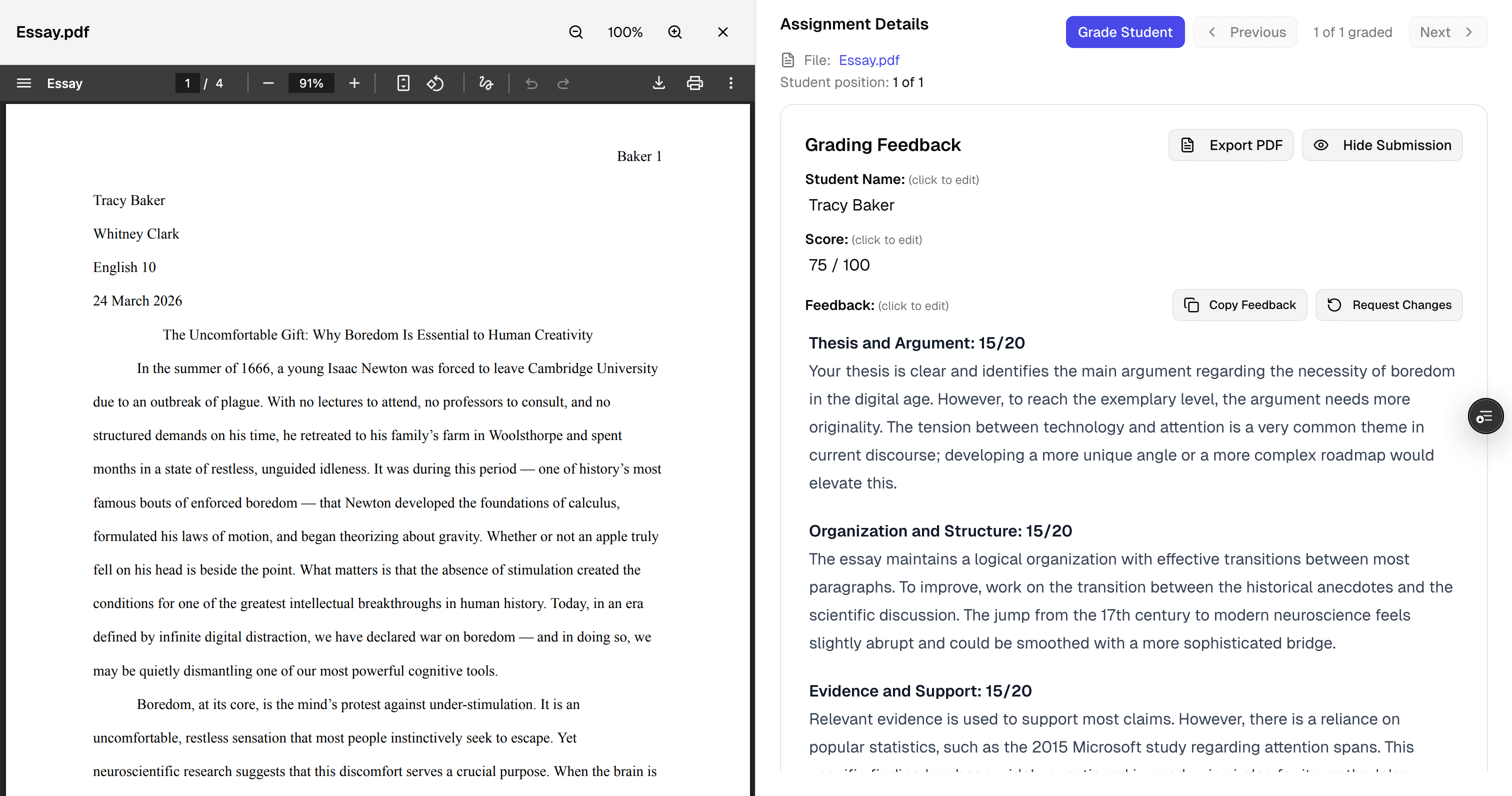 Essay checker grading interface showing rubric-based feedback on a student essay