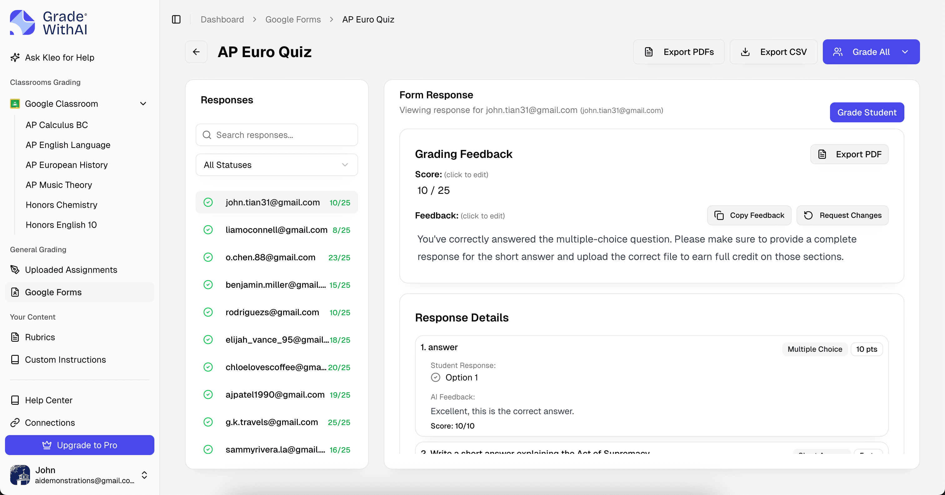 Deep Integration with Google Classroom allowing direct grading and syncing