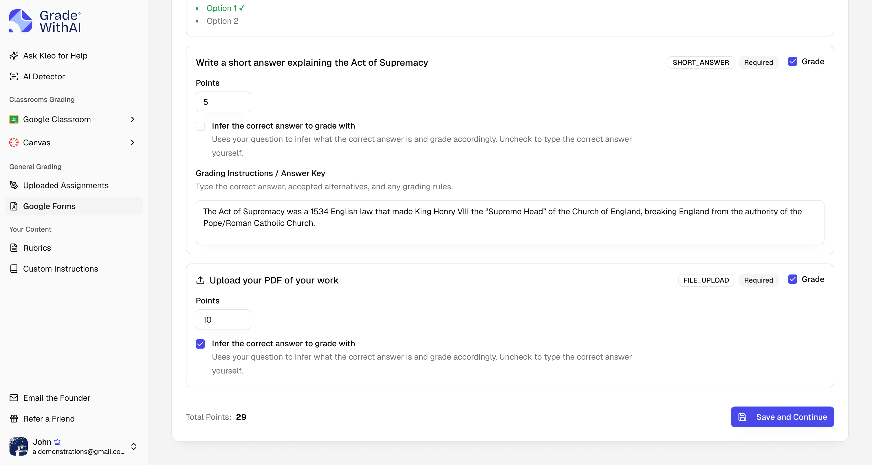 Google Forms grading — Rubric-Based Short Answer Grading