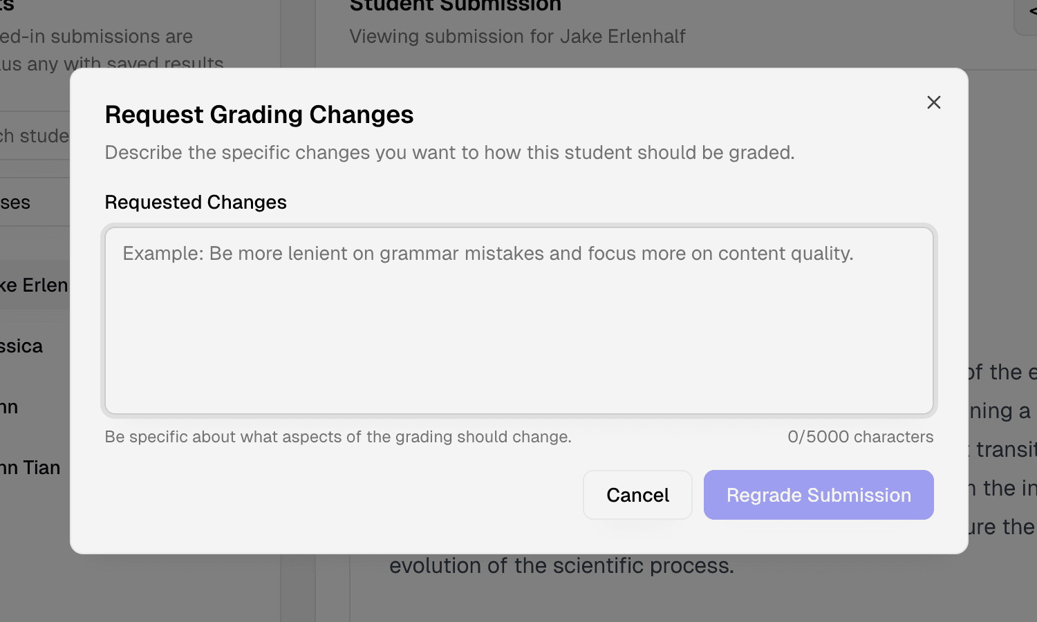AI Grader regrade request interface for customizing grades and feedback