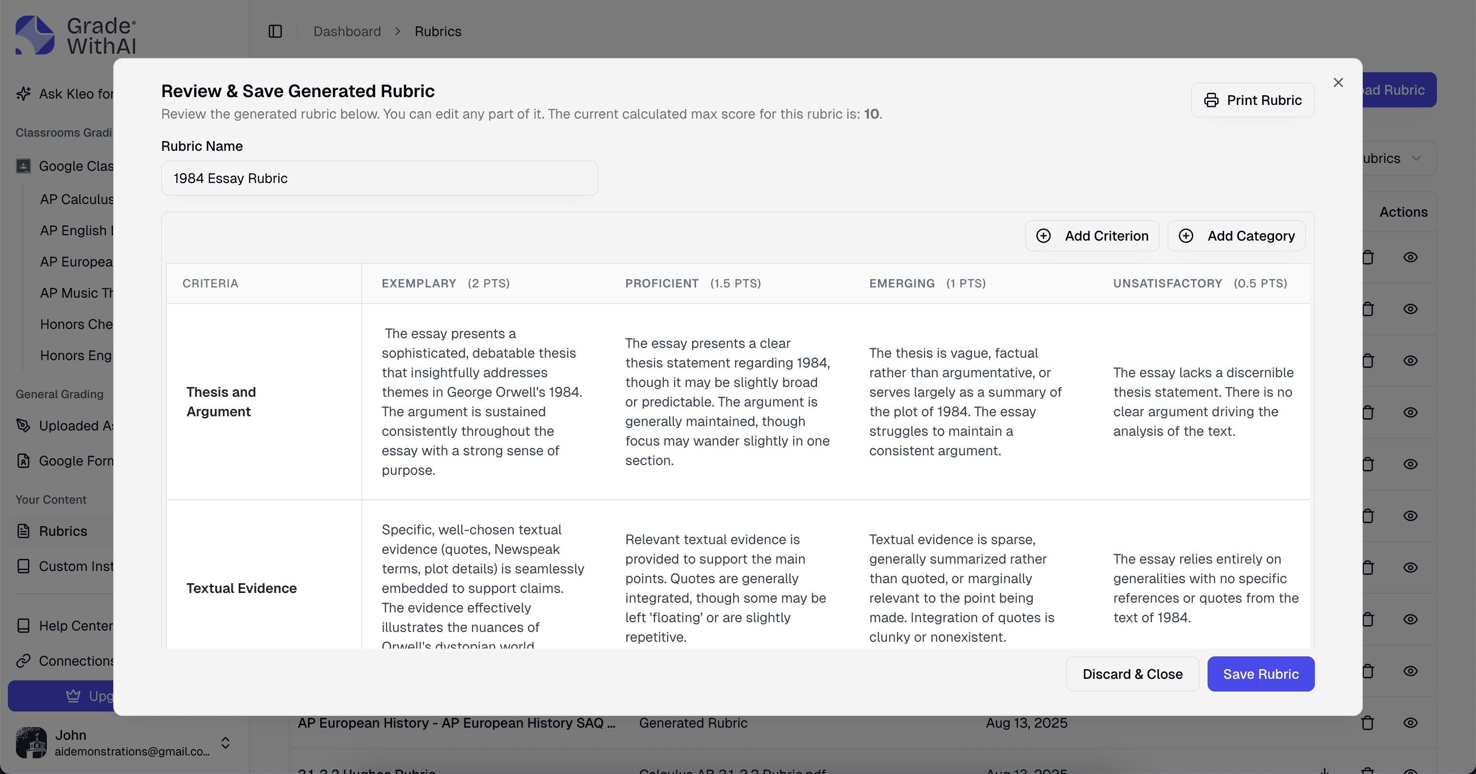 Instant AI Rubric Generator creating standards-aligned rubrics from descriptions