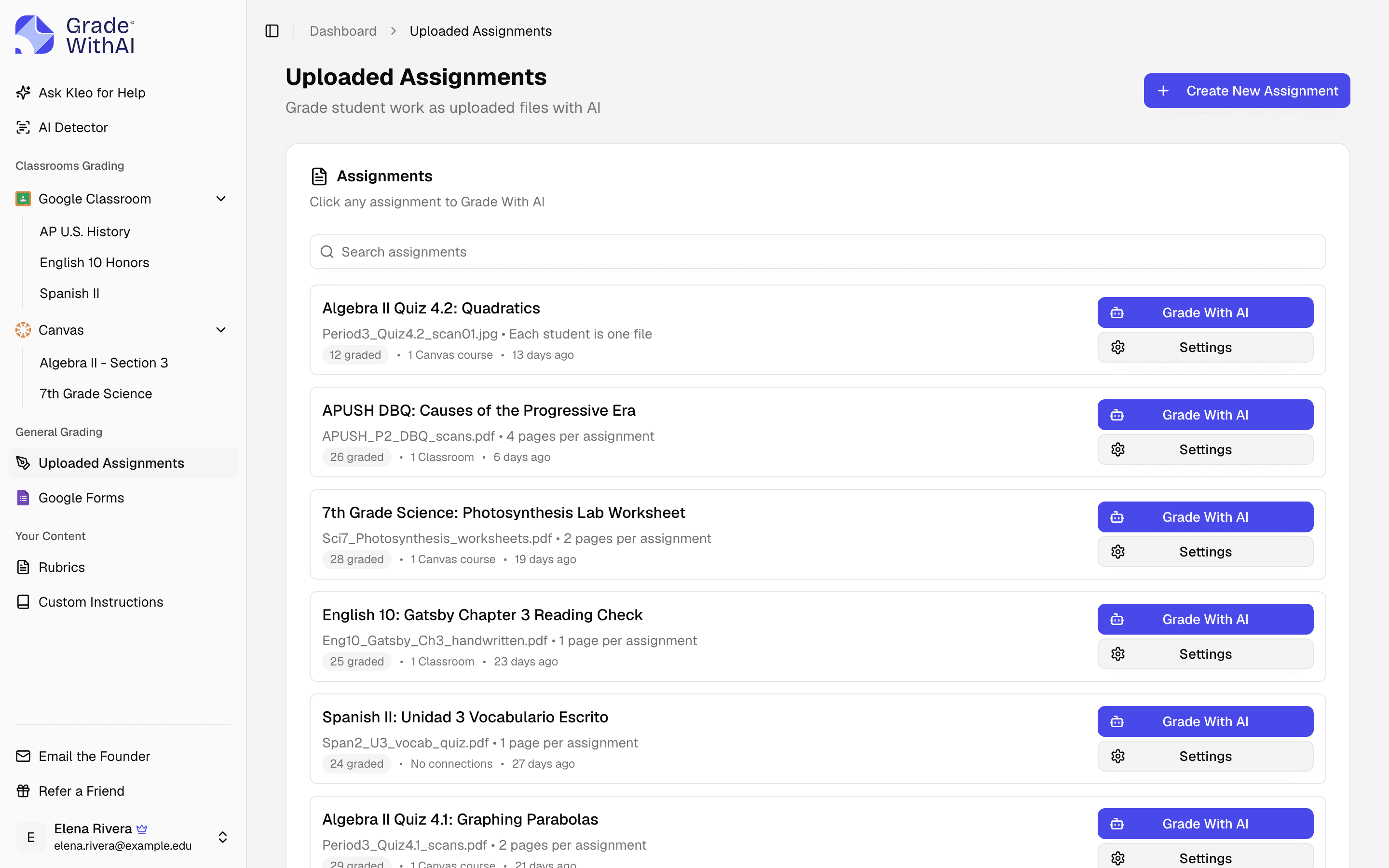 GradeWithAI assignments overview with graded quizzes, essays, and lab reports across five subjects