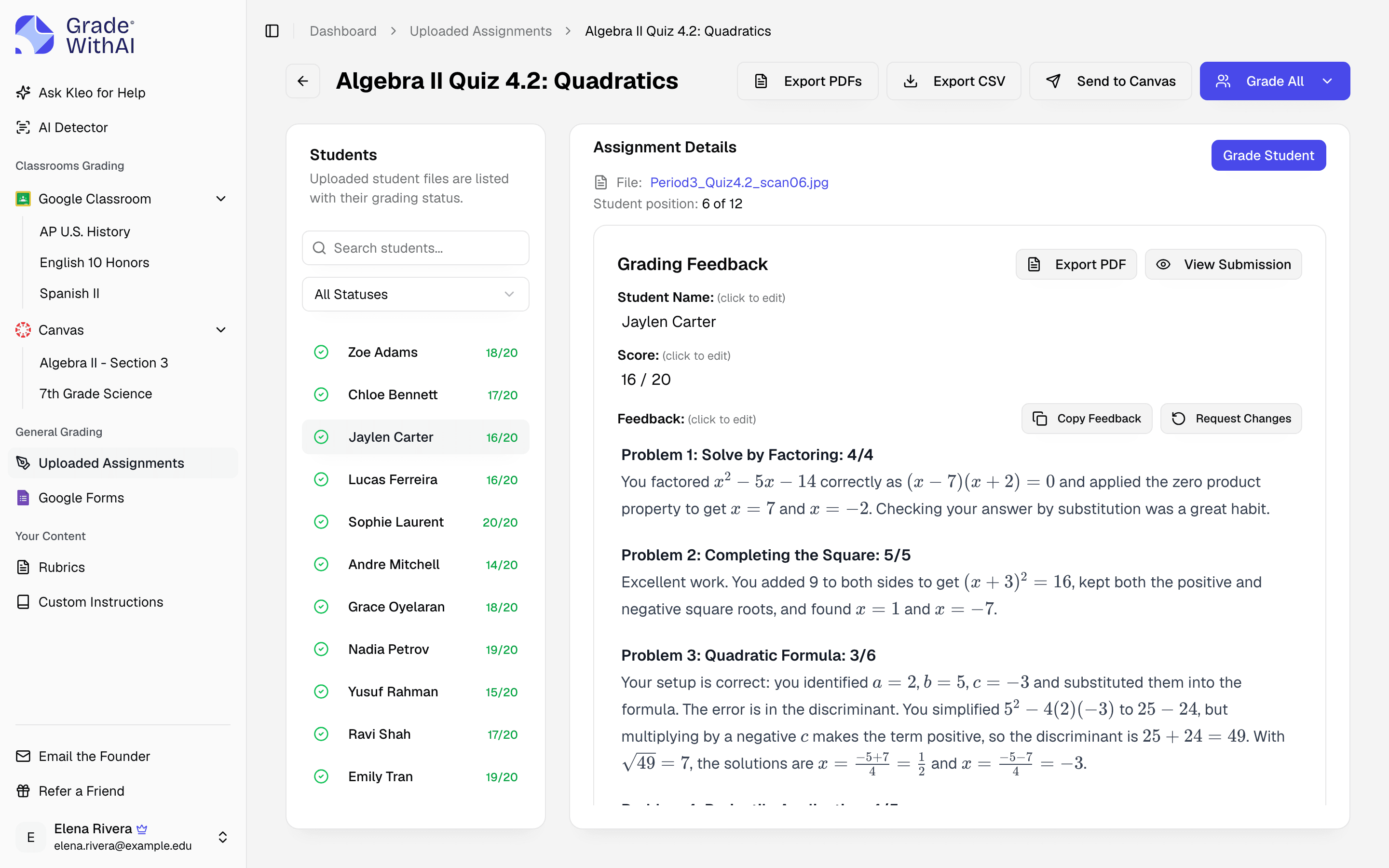 AI grading results for a scanned Algebra II quiz, with a student roster and per-problem partial-credit feedback