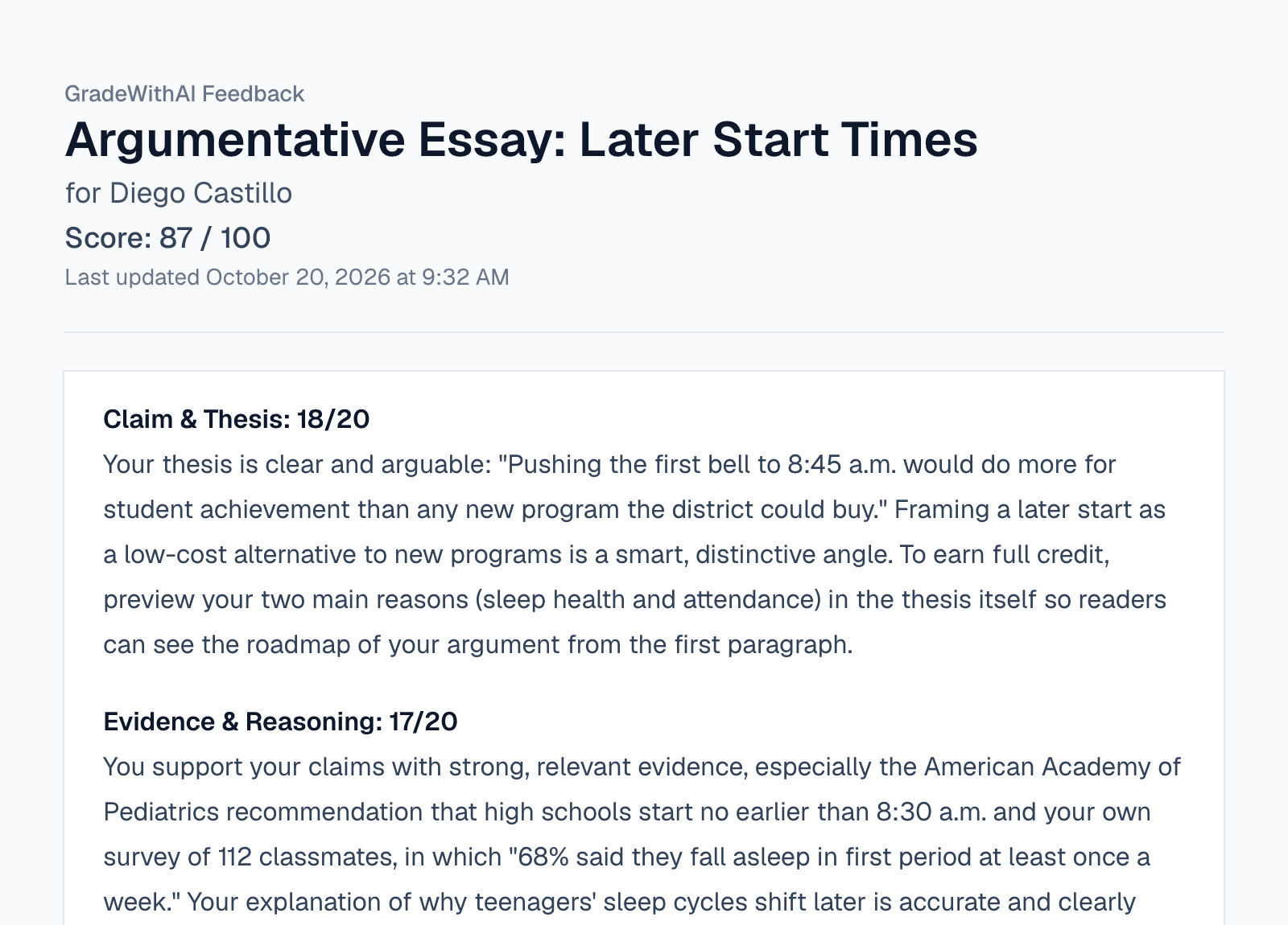 Student-facing GradeWithAI feedback page with a score and detailed feedback on an argumentative essay