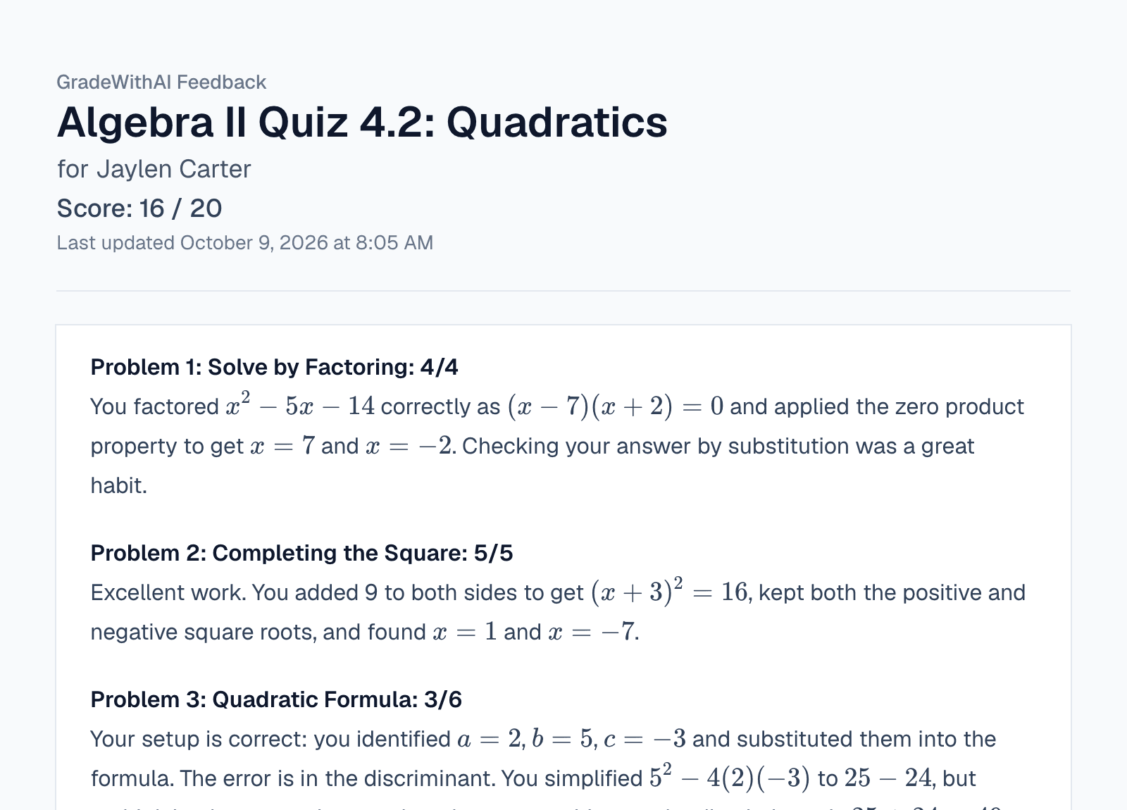 Student feedback page explaining partial credit on a handwritten Algebra II quiz